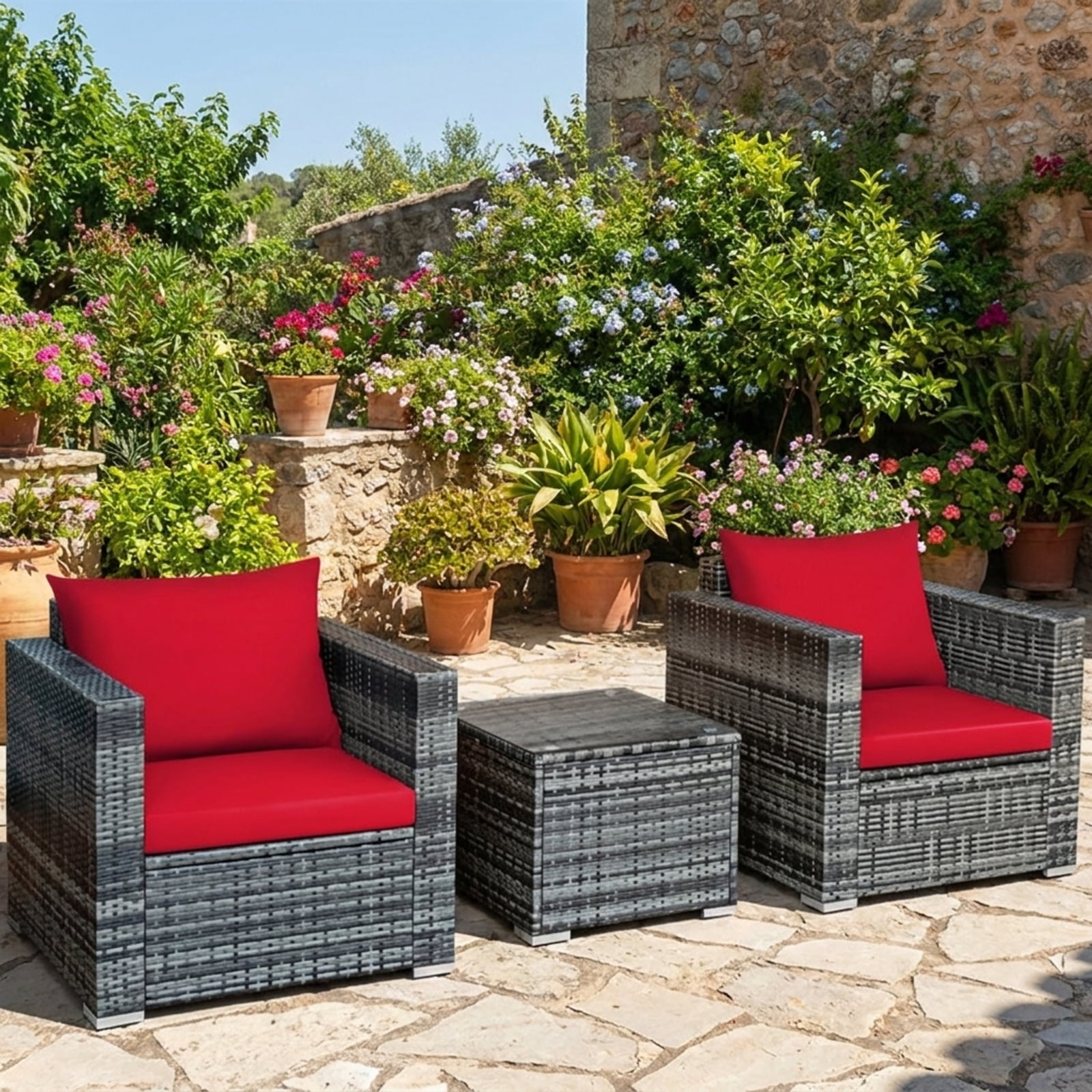 Biotree Patio Furniture Set 3 Pcs Rattan Outdoor Bistro Conversation Set with Cushioned Sofas and Coffee Table for Garden Backyard Porch, Red