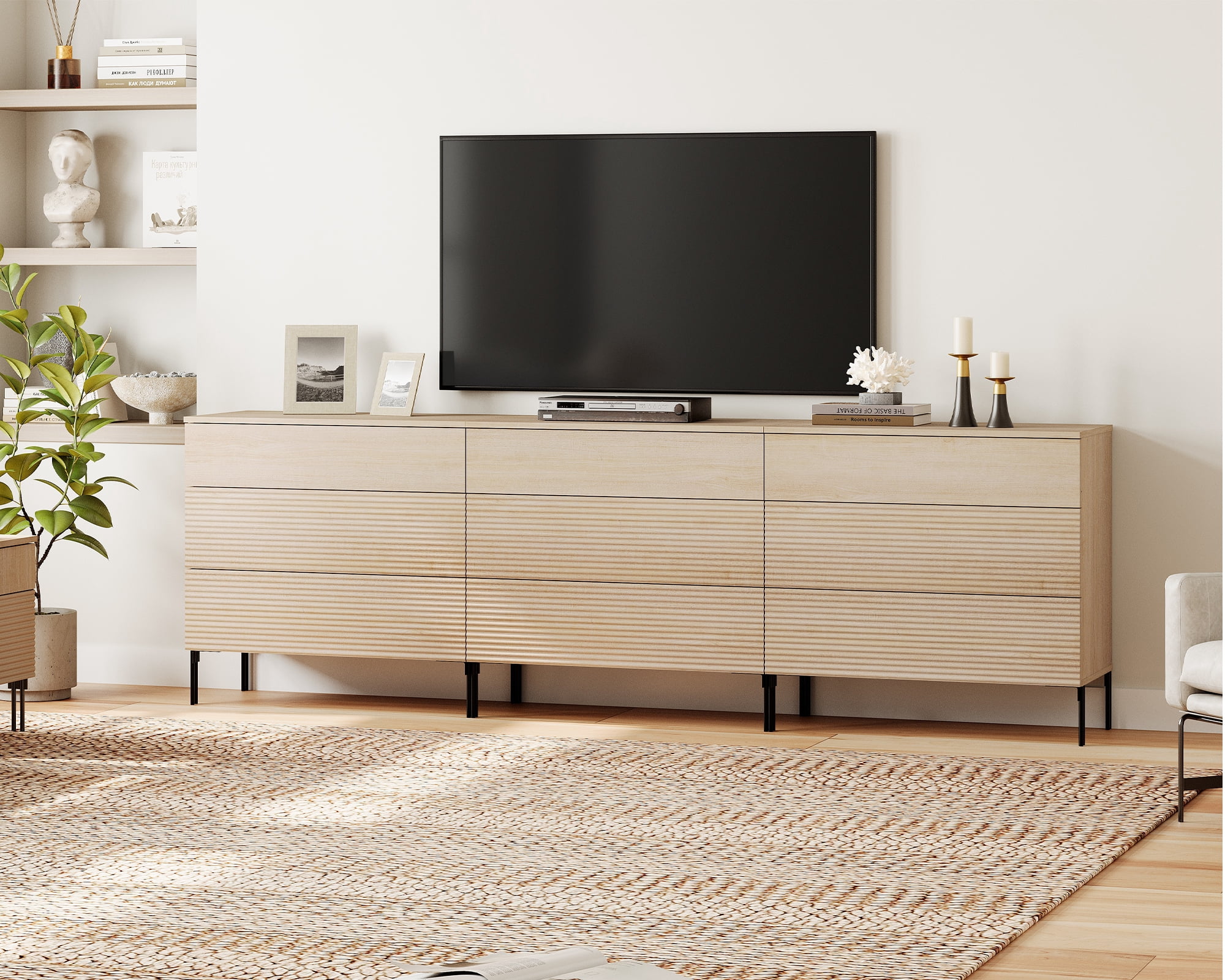 Modern 9 Drawer Dresser TV Stand for TVs up to 100 Inch, Reeded Entertainment Center, Wood TV Console with Storage for Living Room