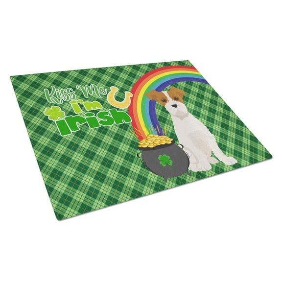 Brown White Wirehair Jack Russell Terrier St. Patrick's Day Glass Cutting Board Large 12 in x 15 in