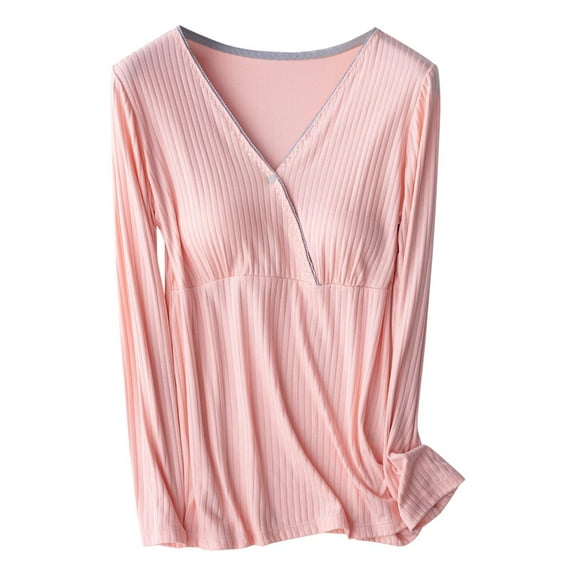 Ohufall Women's Nursing Sleepshirts Summer Solid Color Comfy V Neck Maternity Loungewear Plus Size Soft Breathable Long Sleeve Open Button Breastfeeding Pajamas