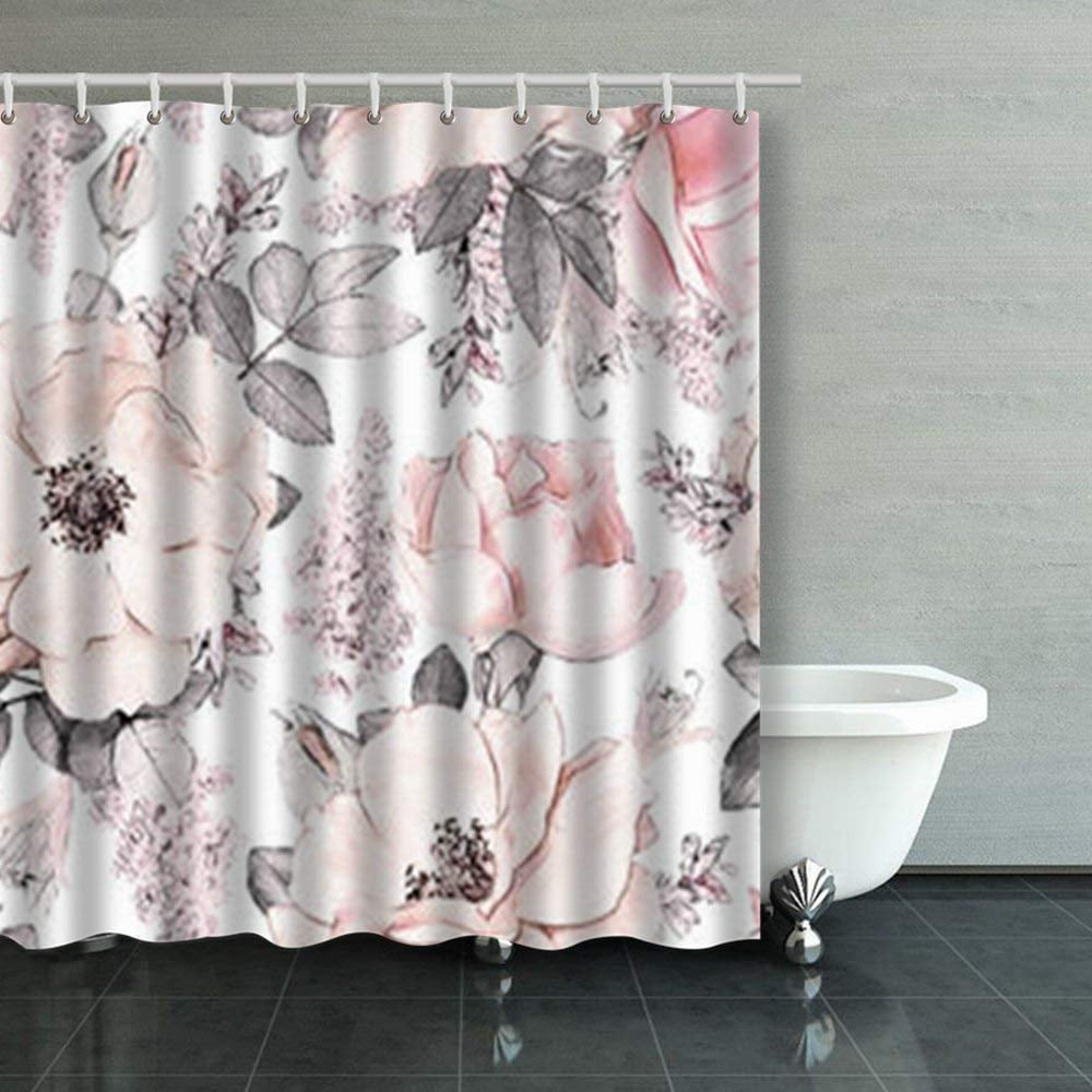 ARTJIA Seamless Pattern Pink Flowers Leaves On Wallpaper Shower