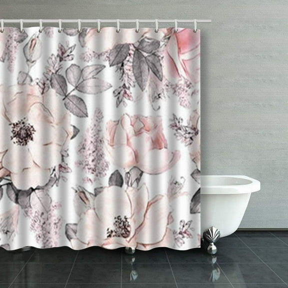 ARTJIA Seamless Pattern Pink Flowers Leaves On Wallpaper Shower Curtains Bathroom Curtain 66x72 Inch