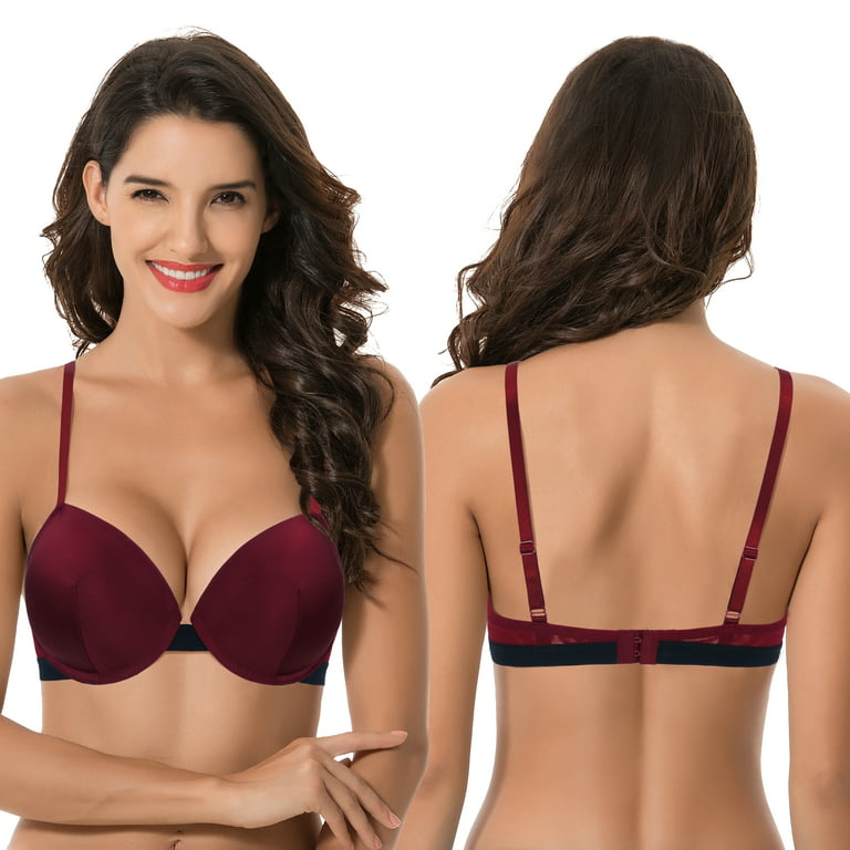 Curve Muse Women's Plus Size Add 1 and a half Cup Push Up Underwire Lace  Bras -2PK-BURGUNDY,NUDE-32DD 