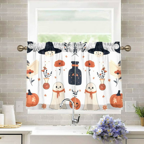 Yayeee Kitchen Curtains Tier Pair Light Filtering 27"x36" Rod Pocket Short Cafe Window Panel, White Cartoon Halloween Ghosts