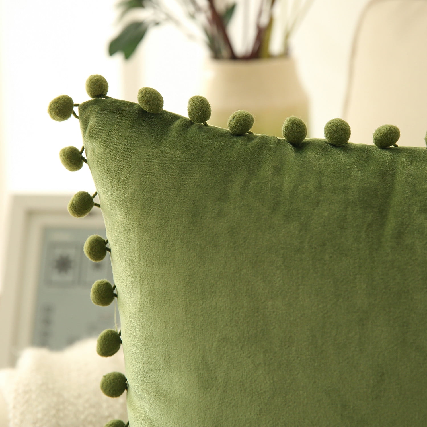 Phantoscope Pom Pom Velvet Series Decorative Throw Pillow, 18" x 18", Green, 2 Pack