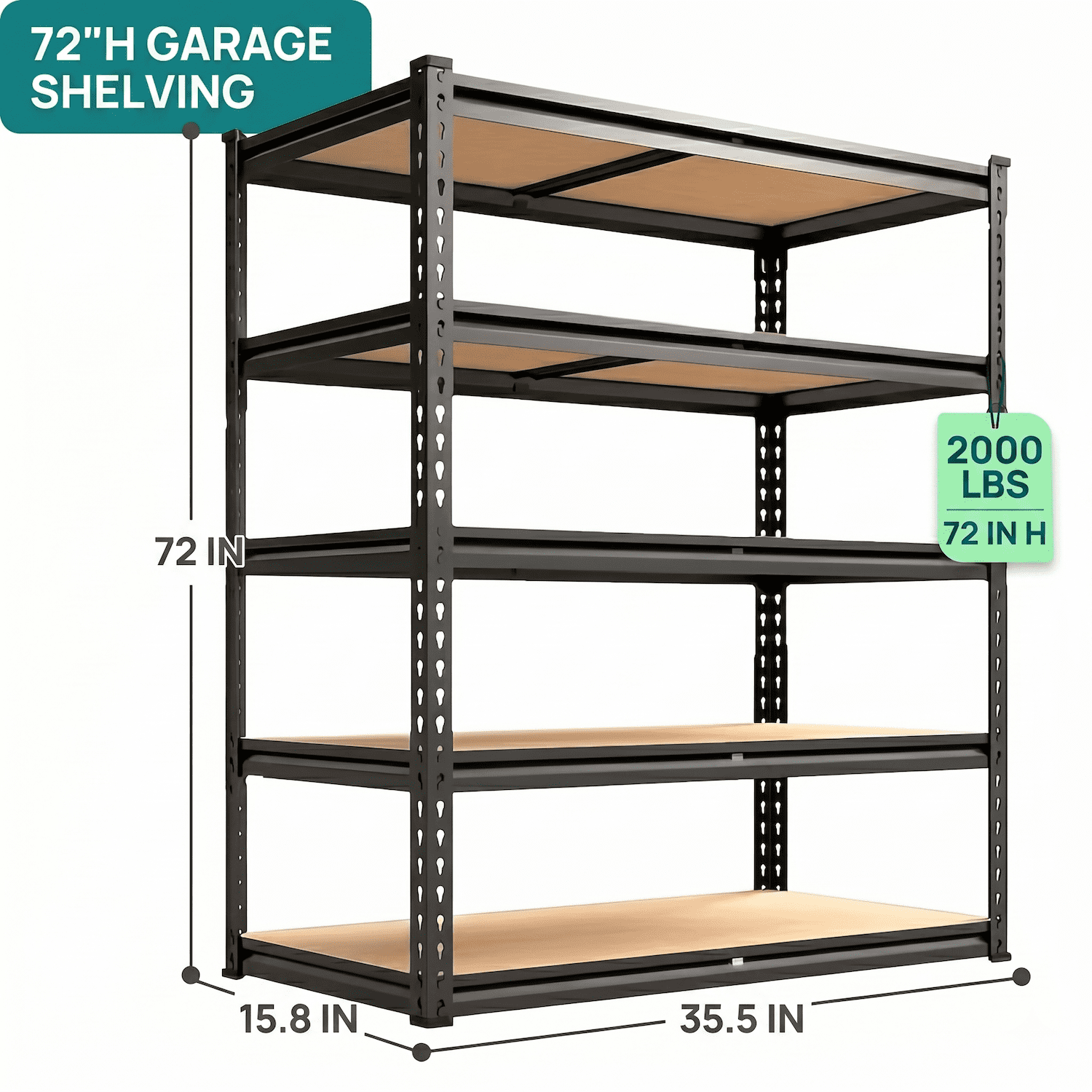 Xiweot Garage Shelving Unit Heavy Duty 2400 lbs, Garage Storage Shelves 5 Tier Adjustable Metal Storage Rack, Utility Shelves for Basement Pantry Closet Warehouse, Black 72" H x 35.5" W x 16" D