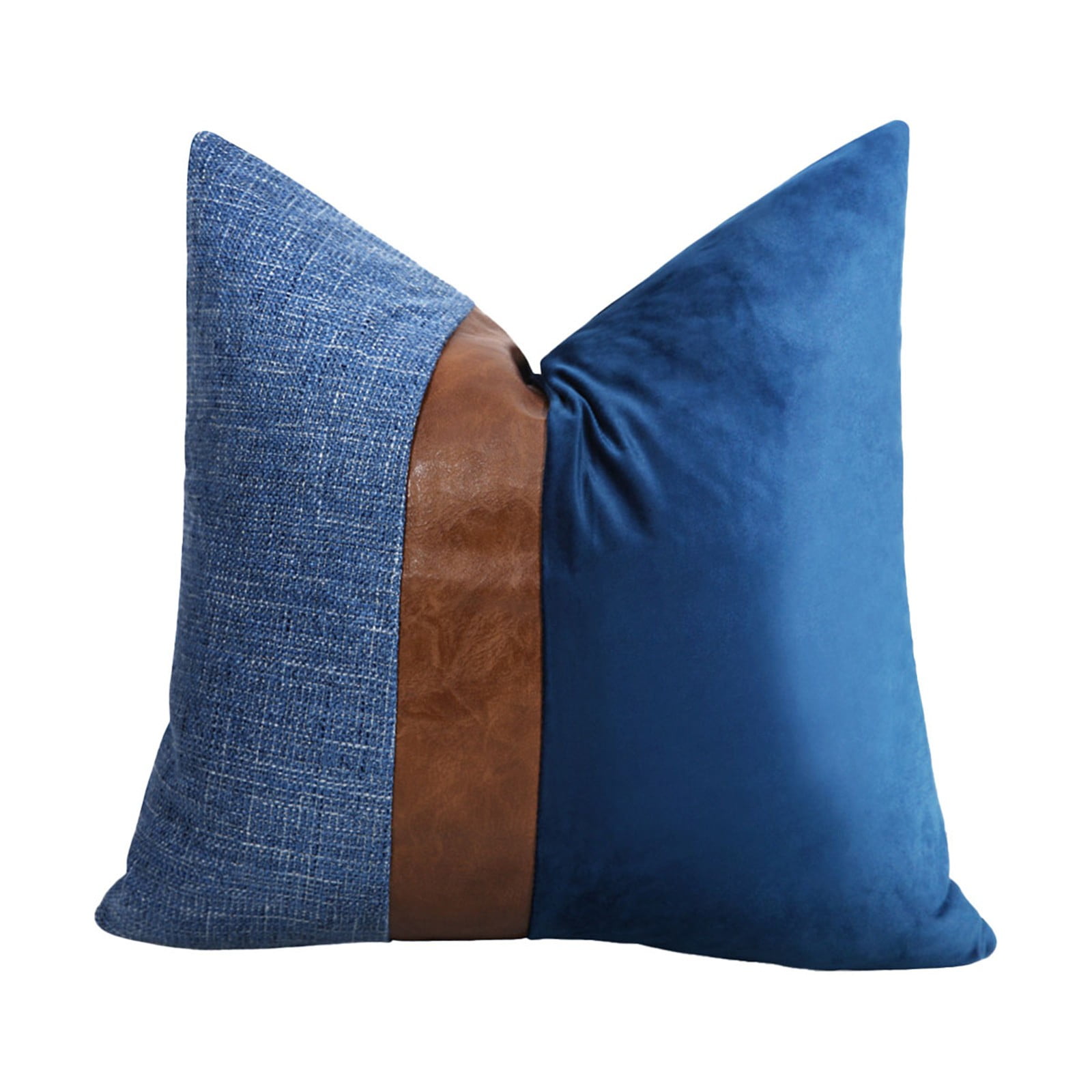 Denim Blue Boucle Throw Pillow With Faux Leather Set Of Textured