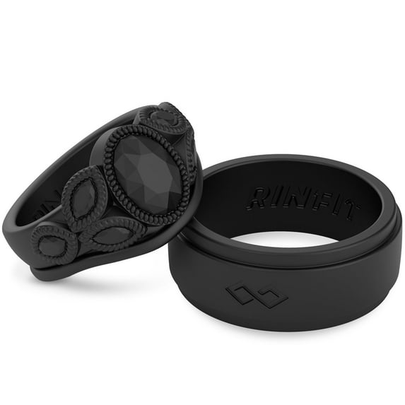 Rinfit Silicone Rings for Women & Men - Couple Sets Rubber Wedding Bands - Infinity & Diamond Oval Black