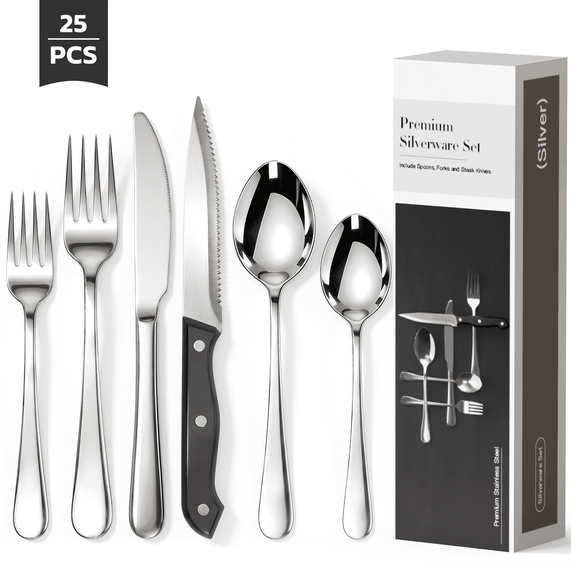 Astercook 25-Pieces Silverware Set with Steak Knives, Tableware Set for 4 - Great Food-Grade Stainless Steel Flatware Set, Mirror-Polished Dining Utensil Set Perfect for Home & Restaurant