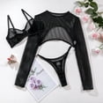 thumbnail image 1 of Conjunto de sujetador y tanga de malla hueca con blusa súper corta de manga larga divertida, 1 of 6