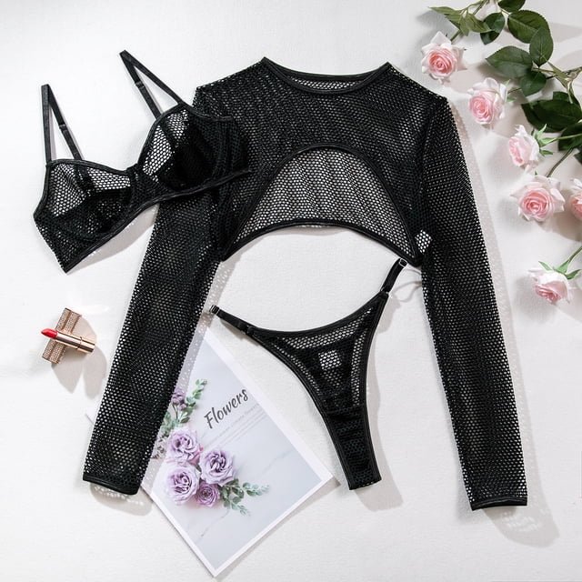 Conjunto de sujetador y tanga de malla hueca con blusa súper corta de manga larga divertida