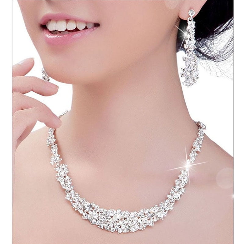 New Women Bridal Wedding Party Pearl Rhinestone Necklace Earrings Jewelry_H4