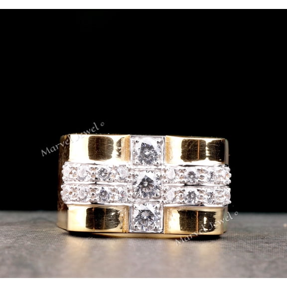 Men's Party Wear Diamond Ring, Vertical Three Stone Engagement Ring, Diamond Ring For Special Occasion, 2.2 Ct Simulated Diamond, 14K Yellow Gold Plated, Perfect Gift For Father's Day