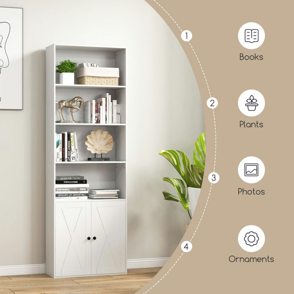 Demi Bonn 71" Freestanding Bookcase with 6 Shelves and 2-Door Cabinet, White