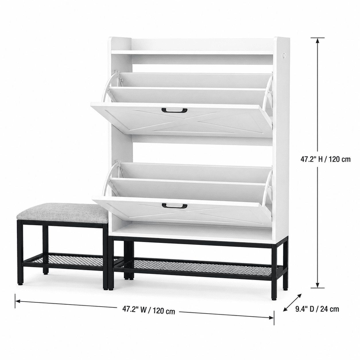 Alvantor Shoe Cabinet with Bench, 2 Flip-Down Barn Doors, Holds 12-16 Pairs, 47.2" W, White