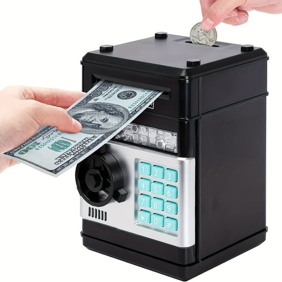 OUSITAID Digital Piggy Bank ATM Machine for Kids Electronic Money Saving Bank with Password Lock Automatic Paper Currency and Coin Storage Box Black Plastic Toy Bank