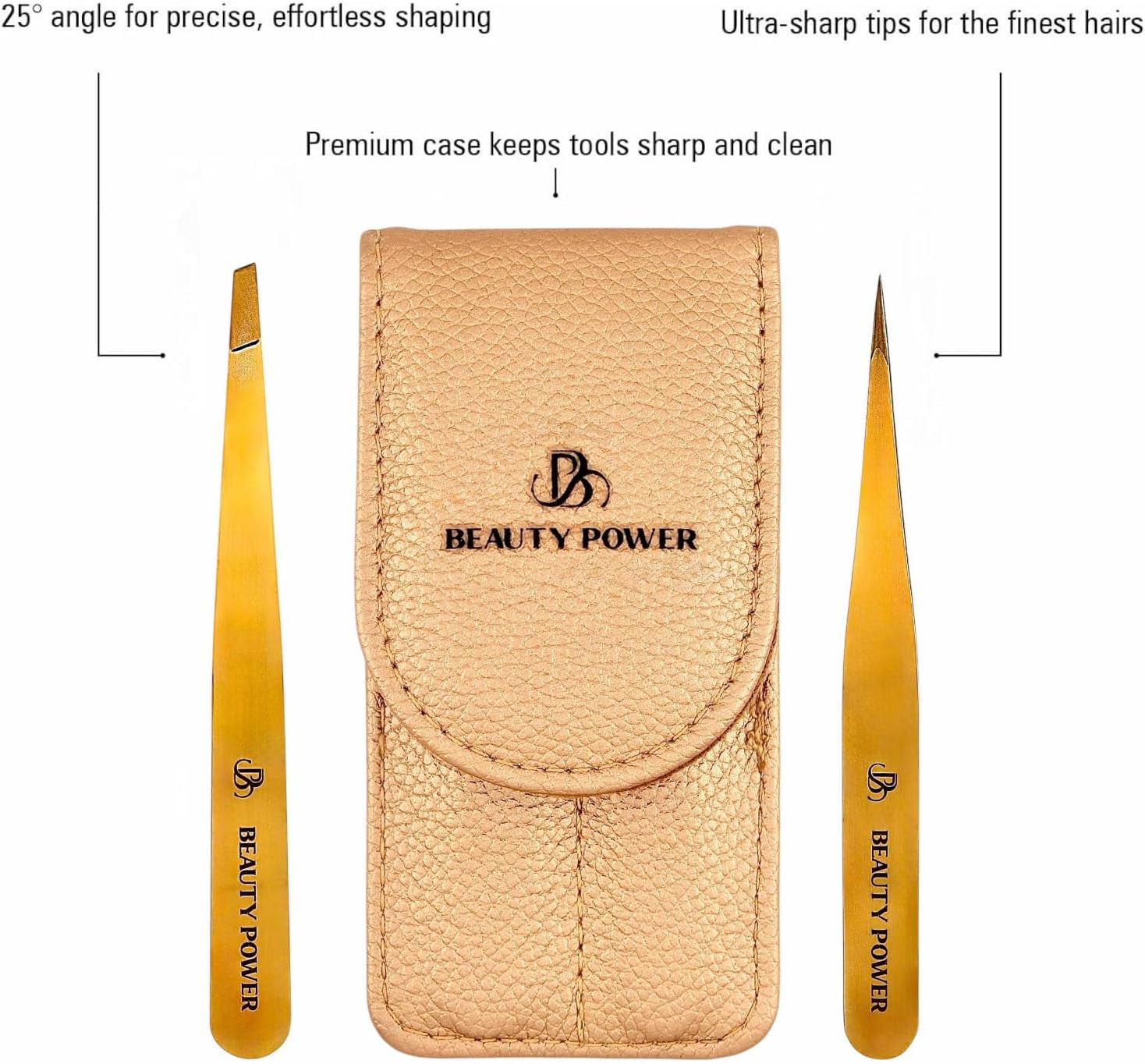 Beauty Power Precision Tweezers for Women Facial Hair & Men - Professional Tweezers Set with Slant & Point Tips, German Stainless Steel, PU Leather Travel Case, Lightweight & Ultra Precision - Gold