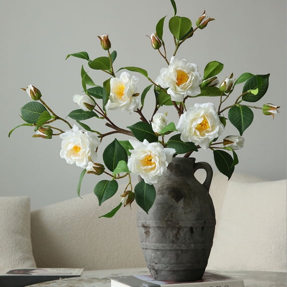 Fmxomd 20.5" Artificial Camellia Trees Branches Faux White Camellia Silk Flowers with Stems for Vase Wedding Office Home Decor 1PC