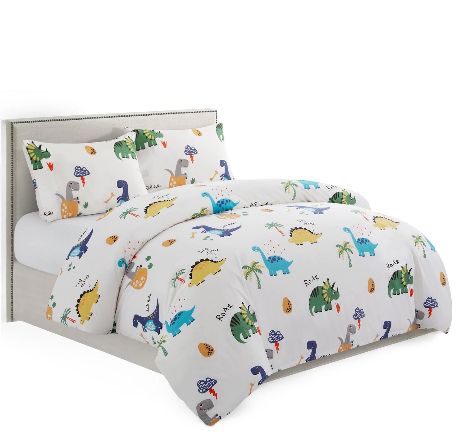 Marina Decoration Kids Boys Toddlers Cute Printed 600 Thread Count Soft Cotton Blend Percale Duvet Cover Set with Corner Tie and Zipper, Cartoon Dinosaur Zoo Dino Pattern