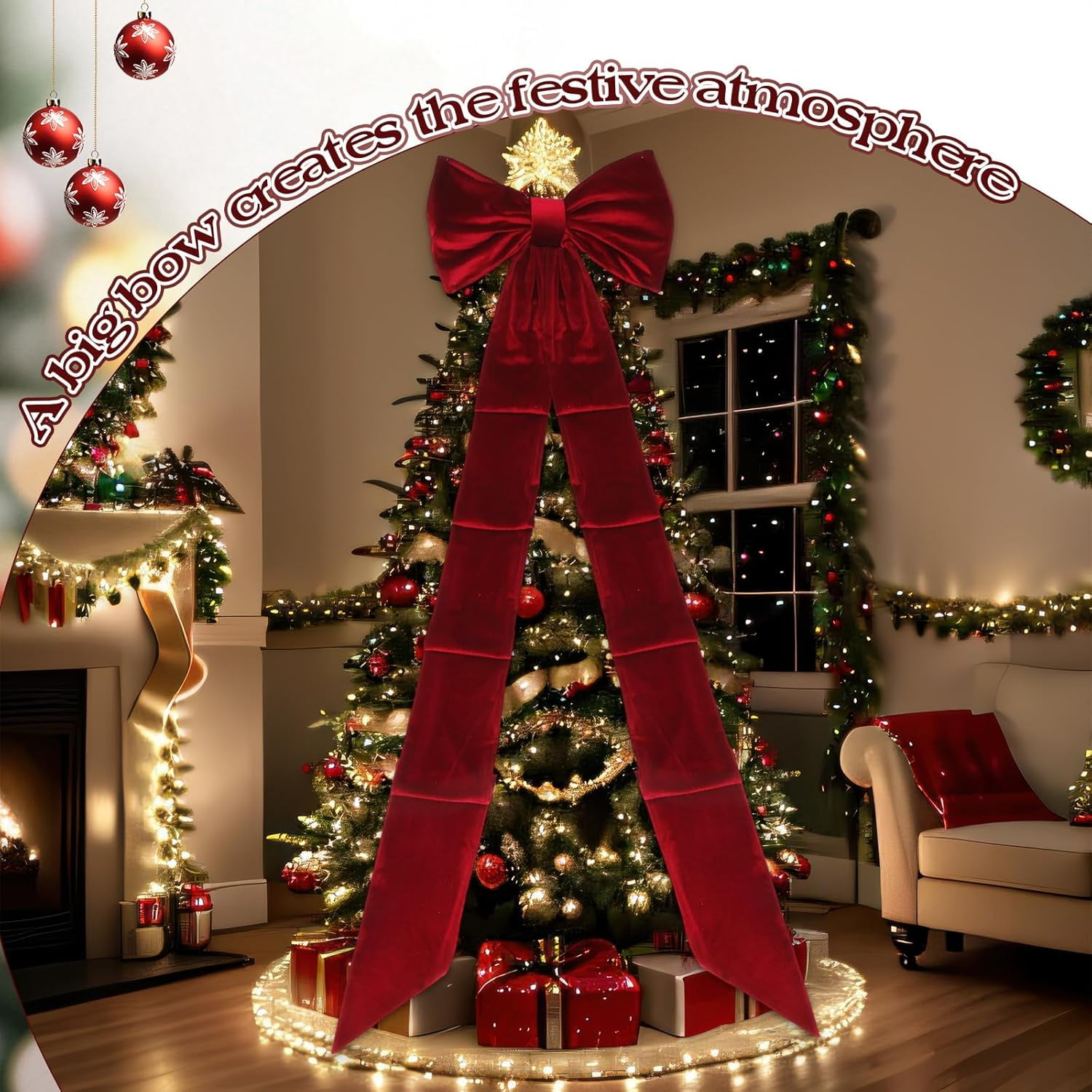 Christmas Tree Topper Bow 90x18 Inch Giant Large Velvet Bow with Long Streamers Huge Decorative Wrapping Gift Decor for Xmas Tree Front Door Patio Outdoor Wedding Arch