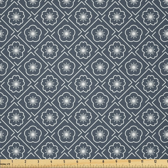Ambesonne Japanese Fabric by the Yard Microfiber, Floral Checked Tile, 3 Yards, Dark Blue Grey