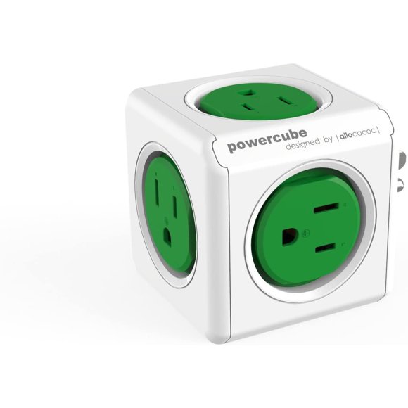 Powercube Electric Outlet Wall Adapter, Power Strip with 5 Outlets & Surge Protection, Green