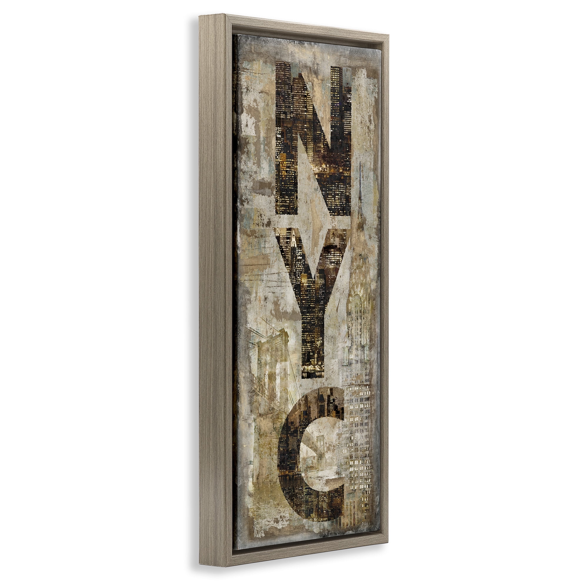 Stupell Industries New York City Montage Collage Town & City Painting Brown Floater Framed Canvas Art Print Wall Art, 15 x 31