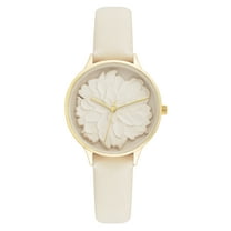 Time and Tru Womens Leather Strap Off-White Flower Wristwatch