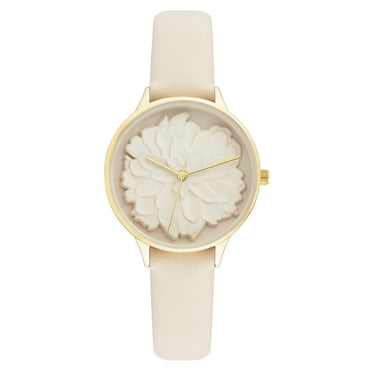 Time and Tru Womens Leather Strap Off-White Flower Wristwatch