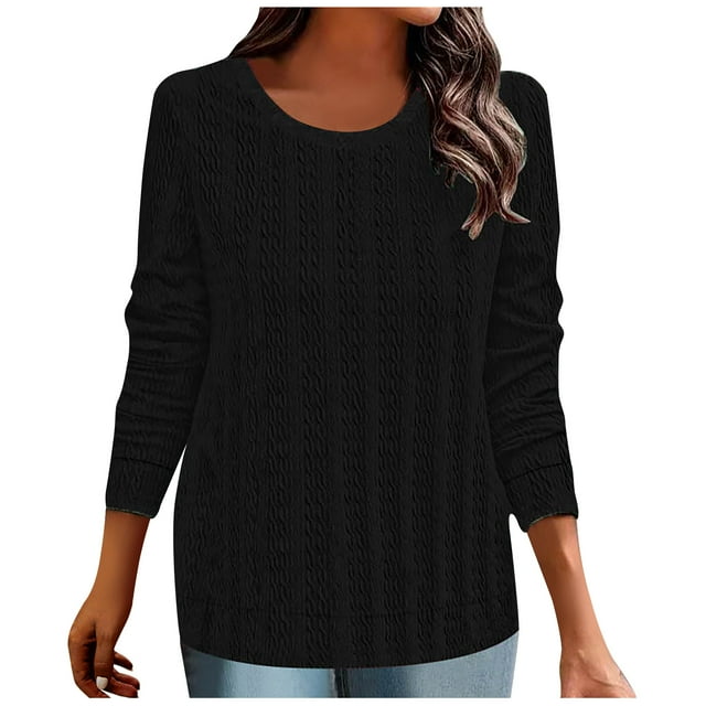 AherBiu Womens Long Sleeve Tops Crewneck Pullover Spring Sweater Top T Shirts Solid Color