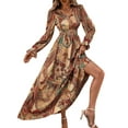 thumbnail image 3 of Women Floral Print V Neck A-Line Maxi Dress Long Sleeves Casual Wrap Autumn Beach Swing Light Brown L, 3 of 9