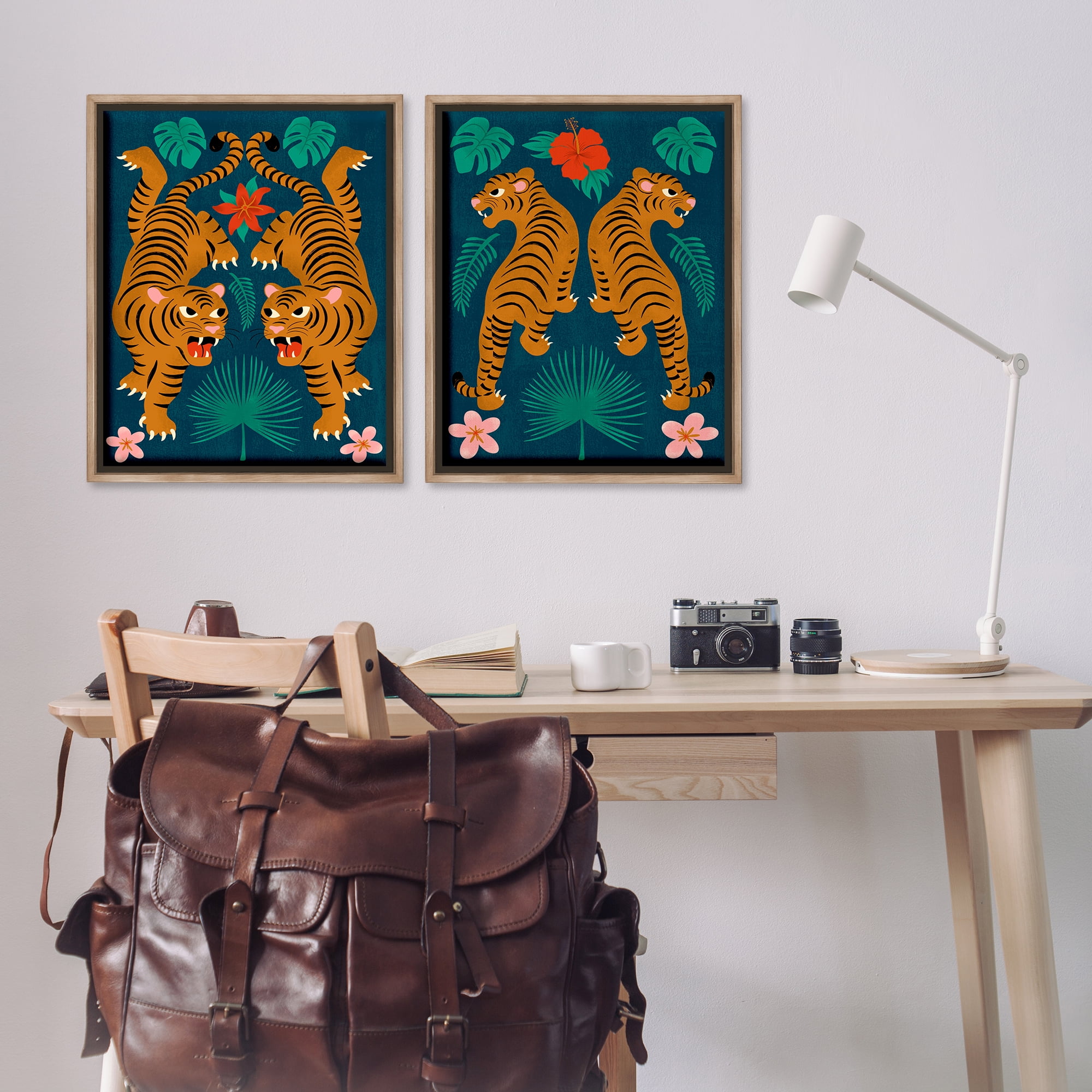 Stupell Industries Twin Jungle Tigers Animals Painting Brown Floater Framed Canvas Art Print Wall Art, 31 x 25, Set of 2