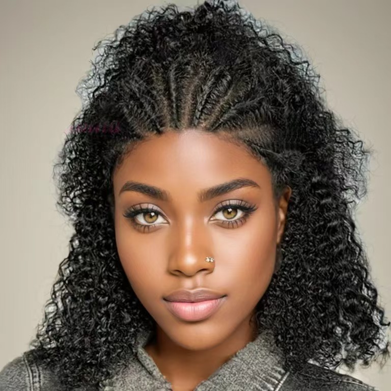 Braided Wigs Human Hair Bob Curly Hair Wig13x4 Lace Frontal Wigs Cornrow Braided Short Wigs for Black Women Glueless Curly Lace Front Wigs （10 inch） (Black)