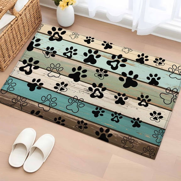 2x3 Ft Entryway Area Rug, Sage Green Brown Paw Prints Kitchen Rug Runner Washable Floor Mat, Vintage Farmhouse Wooden Grain Non Slip Indoor Door Mat Throw Carpet for Bathroom Living Room Bedroom