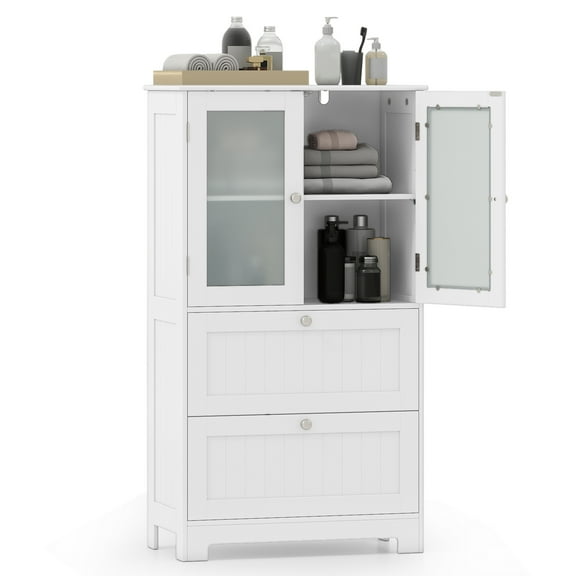 Topbuy Floor Cabinet Freestanding Bathroom Storage Cabinet with 2 Frosted Tempered Glass Doors