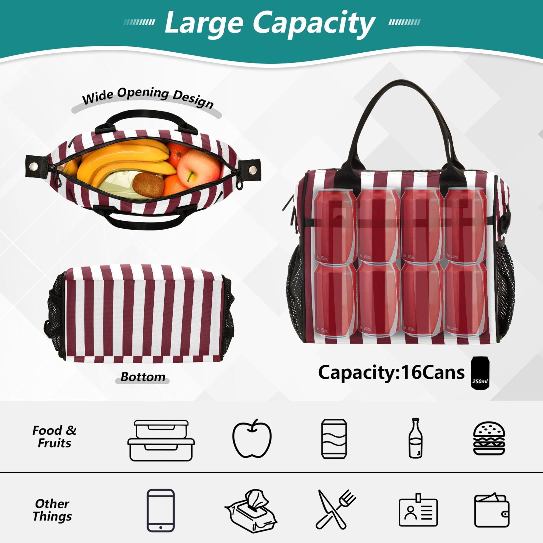 Lunch Bag Insulated Lunch Box Leakproof Reusable Cooler Tote Adjustable Shoulder Strap for Men Women Dark Red and White Striped 9L