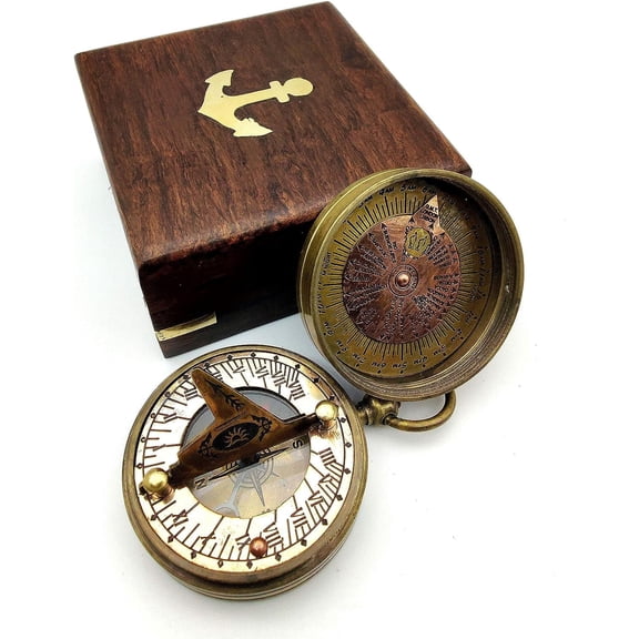 Pocket Sundial Compass – Handcrafted Vintage Brass Sundial & Compass with Engraved Sundial Bird Design, Portable Travel Compass in Elegant Wooden Gift Box
