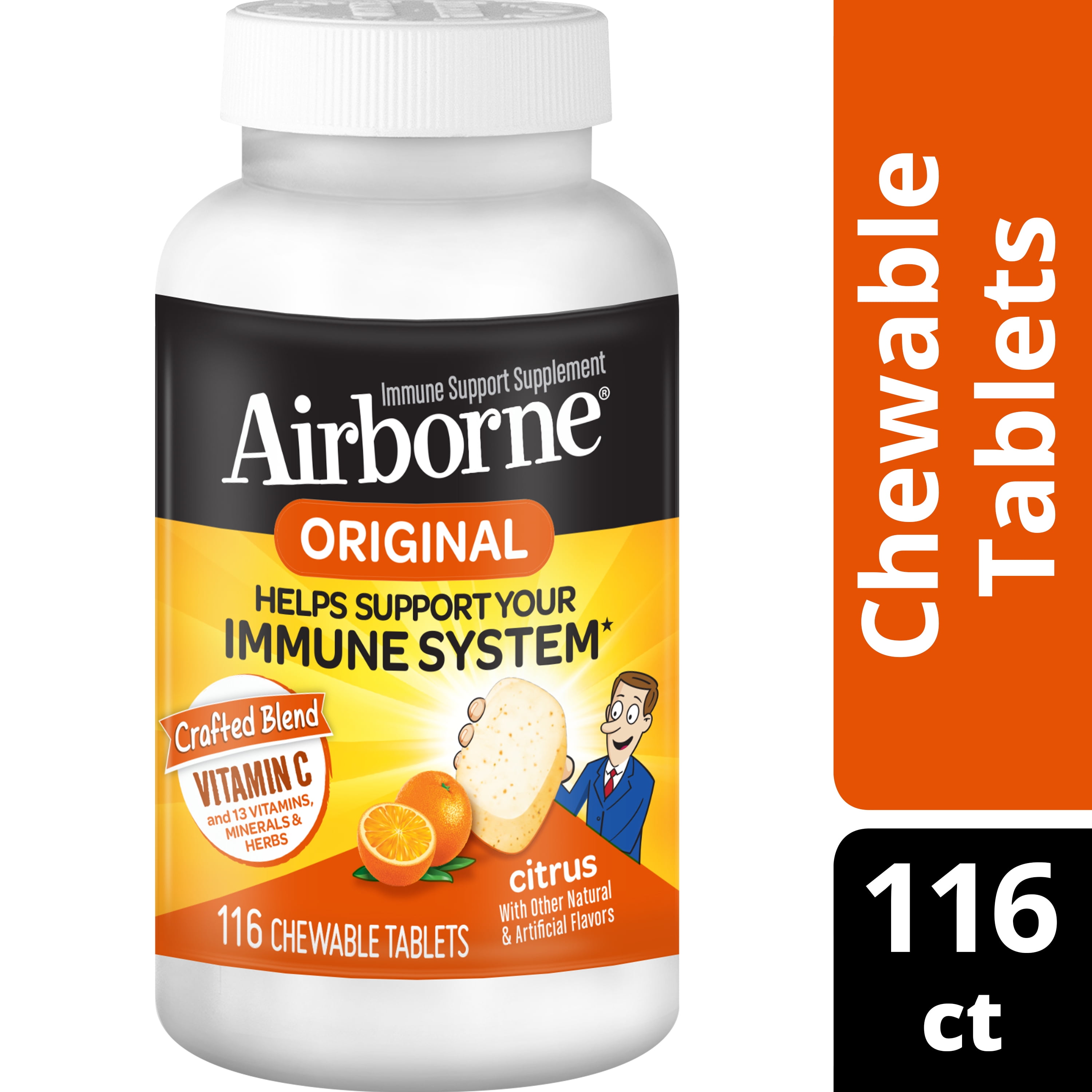 Airborne Citrus Chewable Tablets 116 Count 1000mg Of Vitamin C Immune Support Supplement Walmart Com Walmart Com