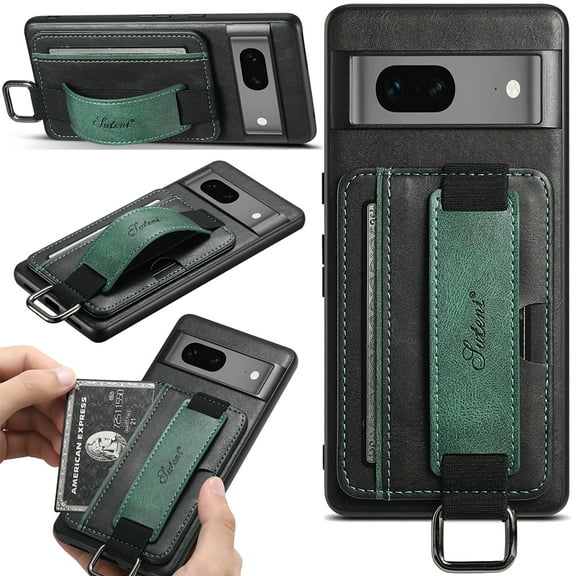 Jiahe Cover for Google Pixel 7 6.3" 2022, Luxury Classic Retro Pattern with Hand Strap Kickstand Stylish Leather Wallet Back Card Holder Soft Slim Phone Cover Protective Case for Women & Men,Black