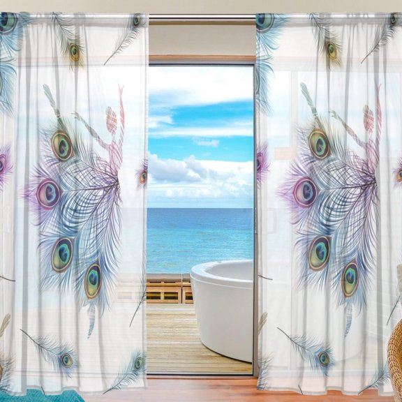 FREEAMG Watercolor Peacock Feather Sheer Window Curtain Panel Drape 55x78 Inch for Living Room Bedroom Kids Room 2 Piece