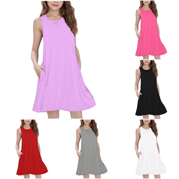 Ulitacool Girls' Dresses Summer Sleeveless Sundress Crewneck Solid Color Gown Fashion Clothes 13-14 Years Purple
