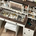thumbnail image 3 of Blotout 47" Large Farmhouse Vanity Set with Stool and Sliding Mirror Lights, Rustic White Makeup Vanity Desk Set Dressing Table with Glass Tabletop, Power Outlet, Storage Shelves, 3 of 11