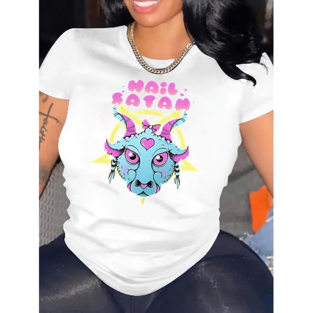 Camiseta de Mujer de Verano BásicaCreative English Cute Dinosaur Pattern Printed Women'S Fashionable Round Neck Short Sleeve, Simple Casual Sports T-Shirt, Comfortable Summer Top for Holidays.Father
