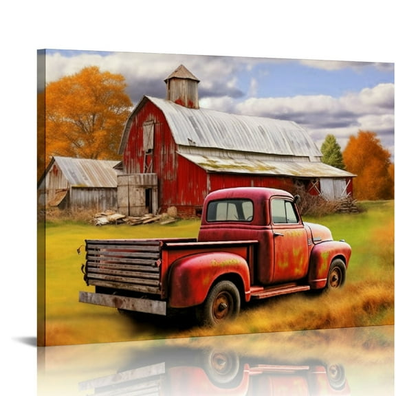 COMIO Vintage Red Truck Wall Art Rustic Red Barn Pictures Wall Decor Country Old Truck Painting Farmhouse Canvas Prints Modern Artwork Framed Home Decor for Kitchen Bathroom Bedroom Living Room