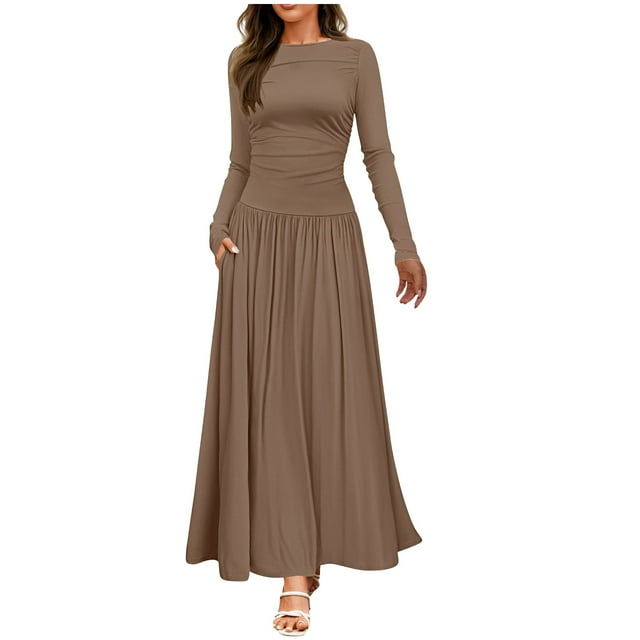 ameIAEA Maxi Dresses for Women 2024 Fall Long Sleeve Crewneck A-Line Ruffle Long Dress with Pockets