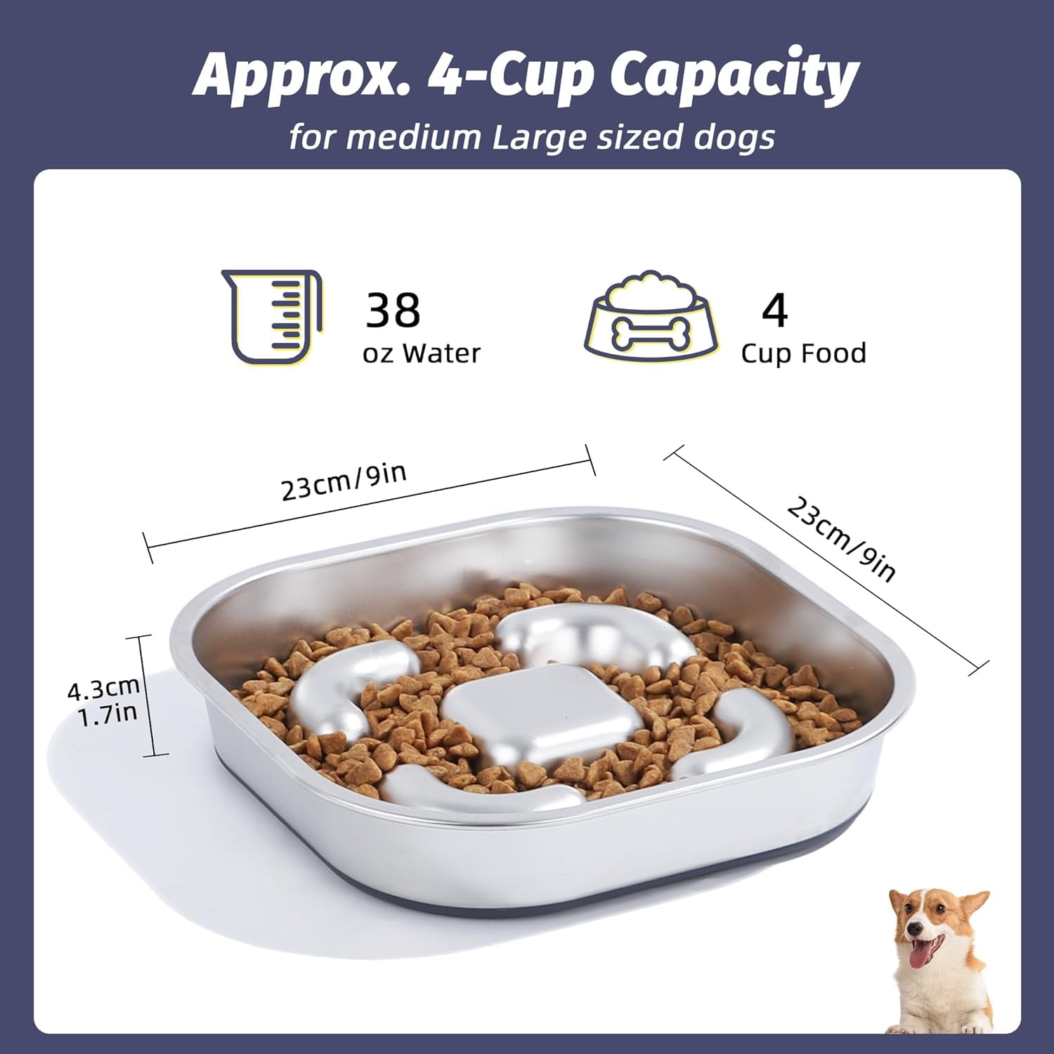 Slow Feeder Dog Bowls 304 Stainless Steel 5 Cups, Large Capacity Dog Food Slow Feeding With Non-Slip Rubber Base, 2-in-1 Slow Feeder Metal Dog Bowl for All Breeds Size