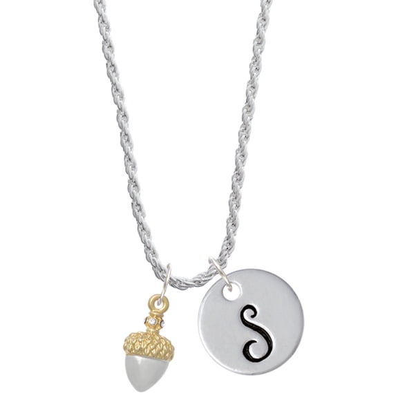Delight Jewelry Two-tone Small Acorn with Crystals Silvertone Script Initial Disc - S - Charm Necklace, 20"+3"