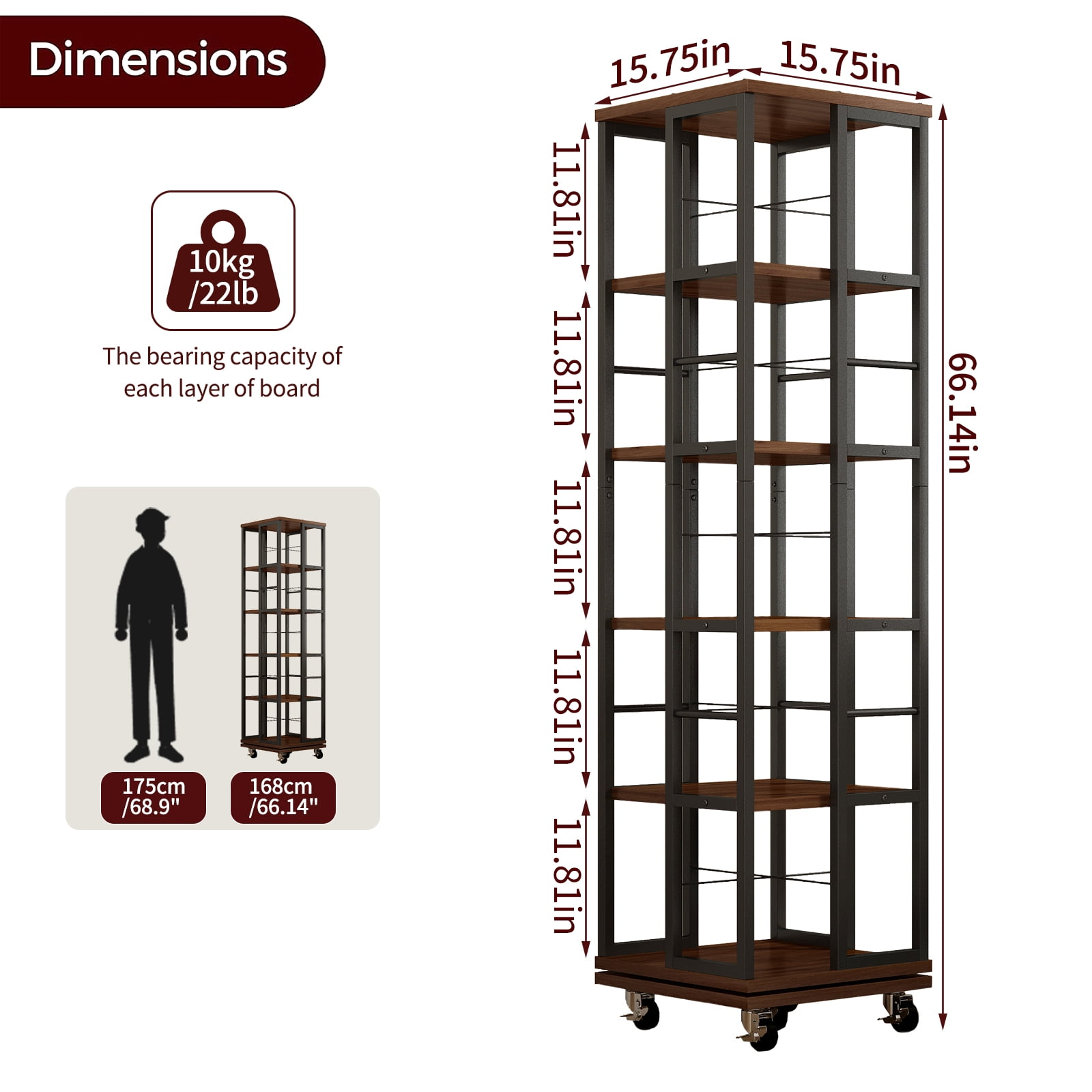 Display Shelves 5 Tiers Rotating Bookshelf, Corner Bookcase, 360 Display Wood Spinning Bookshelves, Floor Standing Bookcase Narrow Shelf, Rustic Brown,Wooden Display Shelves