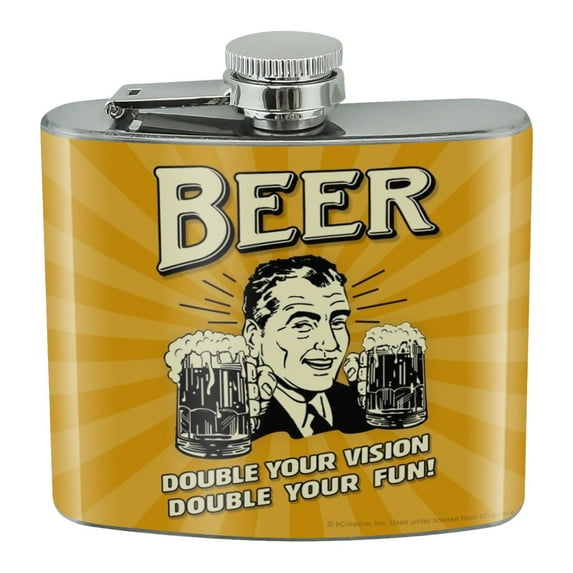 Beer Double Your Vision Fun Funny Humor Stainless Steel 5oz Hip Drink Kidney Flask