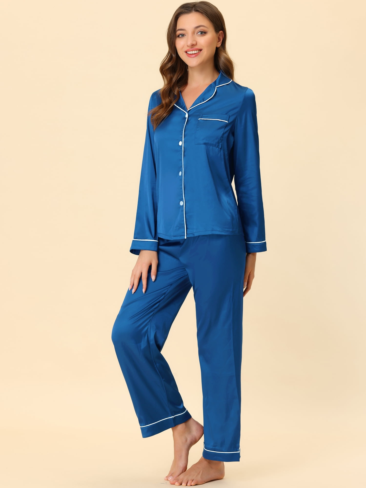 Unique Bargains Women's Pajama Loungewear Long Sleeves Tops and Pants Satin Sleepwear Sets